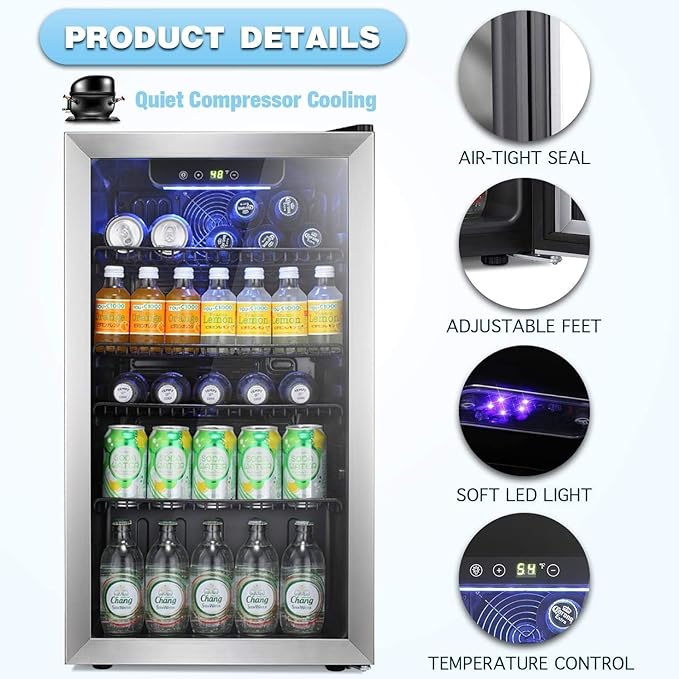 Antarctic Star Beverage Refrigerator Cooler -120 Can Glass Door Mini Fridge, for Soda Cola Beer or Wine Constant Glass Door Small Drink Dispenser Clear Front Door for Home, Bar 3.2cu.ft-DeskLoop Office