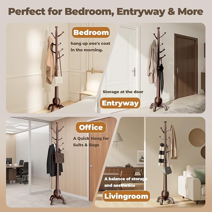 Wood Coat Rack Freestanding, Solid Wooden Hall Tree with 8 Hooks, Coat Tree Freestanding Heavy Duty with Stable Base, Entryway Hallway Bedroom Office Use, 240lbs Load Capacity H:71.6in (Natural)-DeskLoop Office