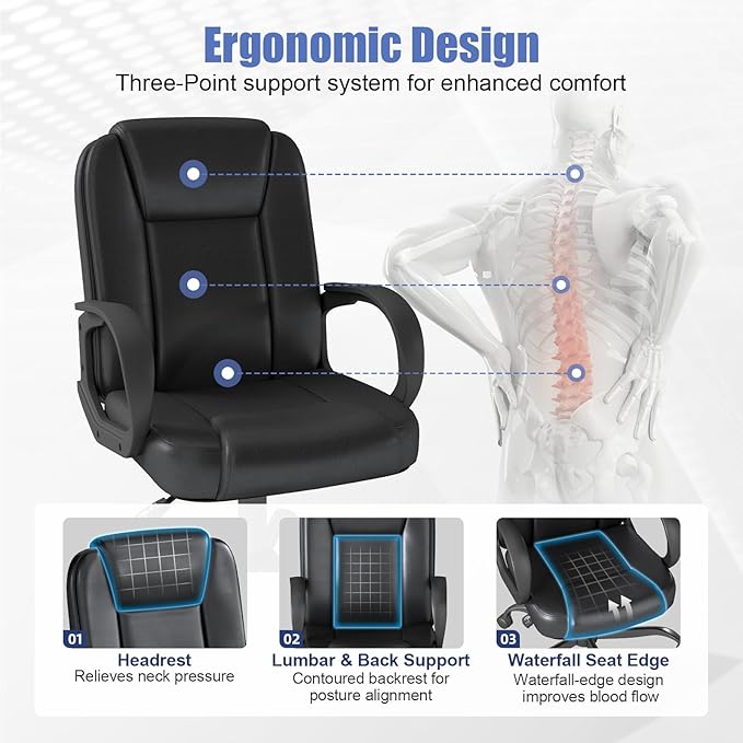 ZZH Executive Office Chair, Leather Desk Computer Chair with Armrests, Mid-Back Swivel Adjustable for Home Office, 4PC, Black-DeskLoop Office