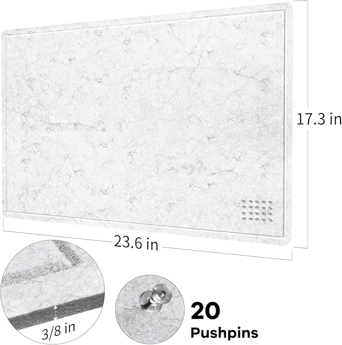 Bulletin Board, 24 x 18 Inches Felt Decorative Pin Board, Cork Alternative for Wall, Foldable Photo Self-Adhesive Vision Mood Board With 20 Pushpins - Marble White-DeskLoop Office