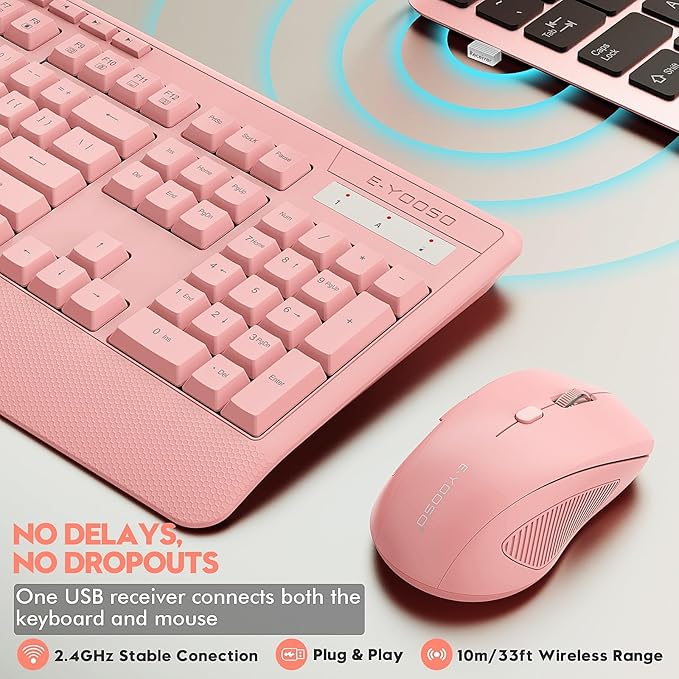 Wireless Keyboard and Mouse Combo, E-YOOSO 2.4GHz Full Sized Ergonomic Wireless Keyboard with Wrist Rest, 3 DPI Adjustable and 6 Buttons Cordless USB Mouse for Computer, Laptop, PC, Windows (Pink)-DeskLoop Office