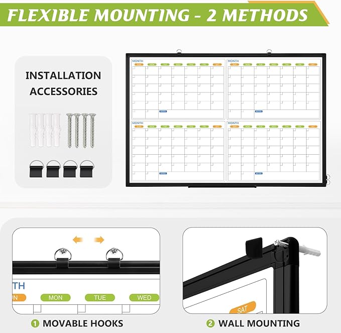 36" x 24" Magnetic Dry Erase Calendar Whiteboard, 4 Month Calendar White Board Planner, Black Aluminum Frame Wall Mounted Board for Office Home and School-DeskLoop Office