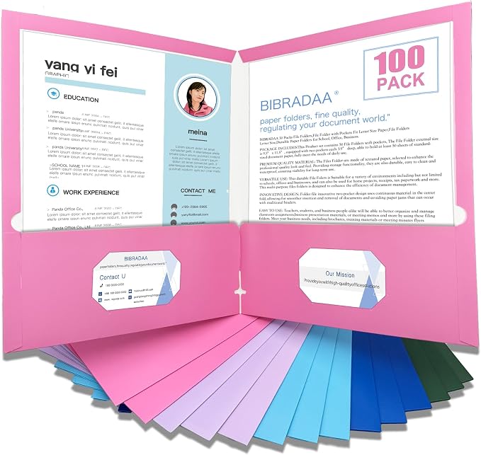 100 Packs Color Folders with Pockets, Two Pocket Folders Bulk Fit Letter Size by BIBRADAA