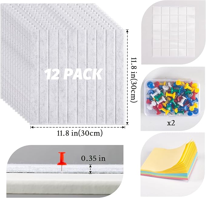Large Cork Board Alternative, 12 Pack Felt Board with Safe Removable Adhesive Tabs Felt Wall Tiles, Large Cork Boards for Walls, Cork Board for Home Office, Pin Boards for Walls, Stripe Marble White-DeskLoop Office