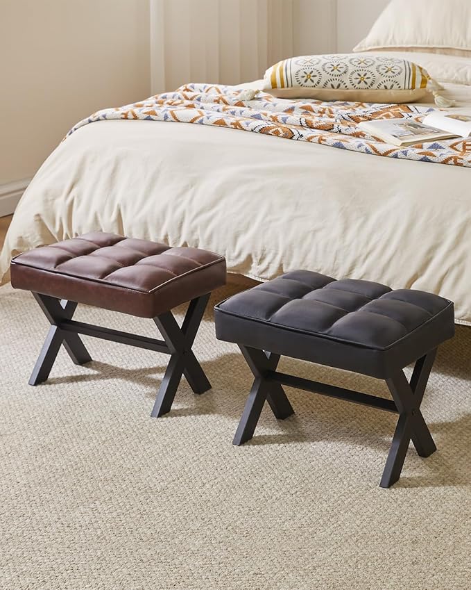 IBUYKE Small 12" H Footrest Stool, Square PU Foot Stool with Metal X-Leg, Multi-Use as Small Side Table, Step Stool for Living Room, Bedroom, Entryway, Office, Dark Brown WBD012Z-DeskLoop Office