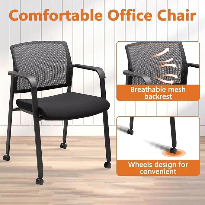 CLATINA Mesh Back Guest Reception Arm Chairs with Wheels, Waiting Room Chairs with Upholstered Fabric Seat and Ergonomic Lumbar Support for Office, 8PK-DeskLoop Office