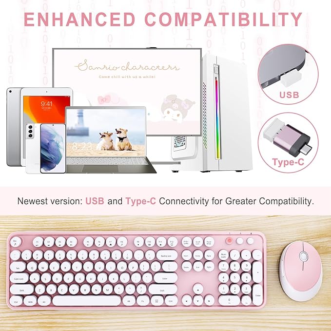 Wireless Keyboard and Mouse Combo, Ergonomic Full Size Typewriter Retro Round Keycaps Keyboard, Compatible with Windows, PC, Perfer for Home and Office Keyboards (Lovely Pink)-DeskLoop Office