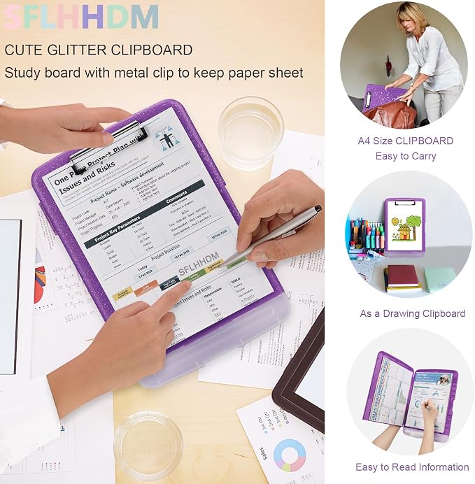 Glitter Clipboard with Storage, Storage Clipboard with Pen Holder, A4 Binder - Image 7