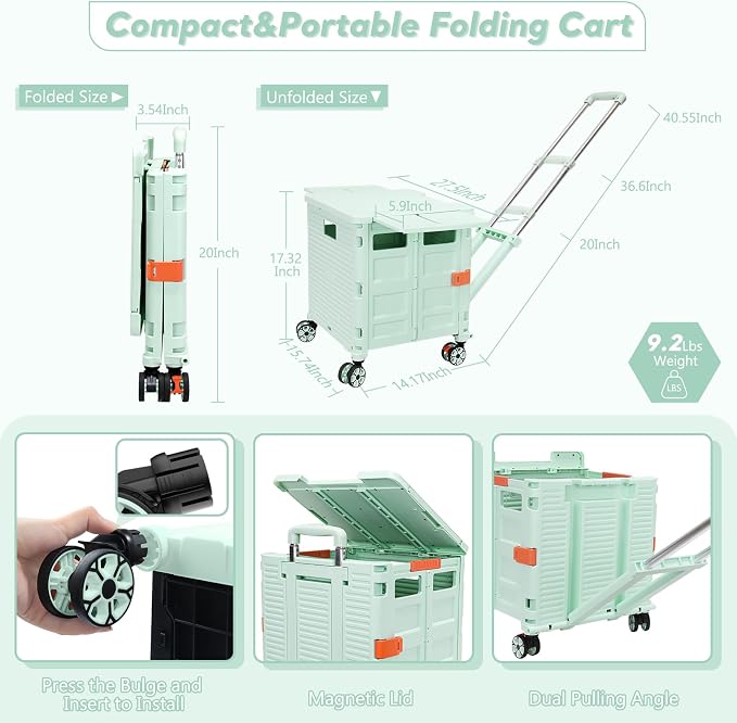 FELICON SELORSS Folding Utility Cart Portable Rolling Crate Handcart-Green | - Image 6