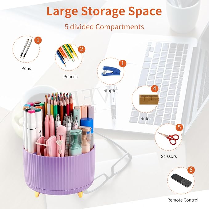 Desk Pencil Pen Holder, 5 Slots 360°Degree Rotating Pen Organizers - Image 3