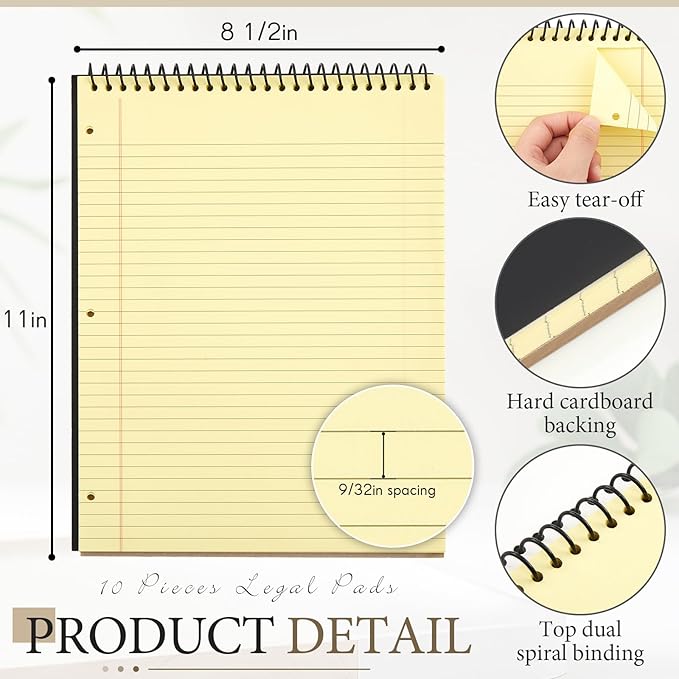 10 Packs 8.5" x 11" Top Spiral Notebook with 3 Hole Punched Legal Pads College Ruled Notepad 50 Sheets Hard Cardboard Paper Wirebound Notepad for Office School Business (Yellow)-DeskLoop Office
