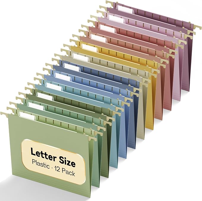 Plastic Hanging File Folders Letter Size, 12 Pack Reinforced Filing Cabinet by NORDUN