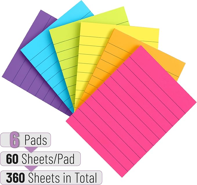 Mr. Pen- Lined Sticky Notes, 6 Pads, 60 Sheets/Pad, Vibrant Color | Sticky Notes - Image 2