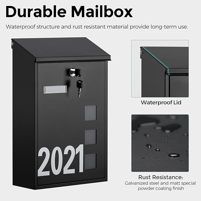 LAND·VOI Wall Mounted Mailbox with 4 Keys, Post Box for Wall and Fence, Viewing Windows, Nameplate, 3.94 x 9.8 x 15.6 Inches, Large Capacity, Includes Mailbox Numbers, Matt Black, AMB31B-DeskLoop Office