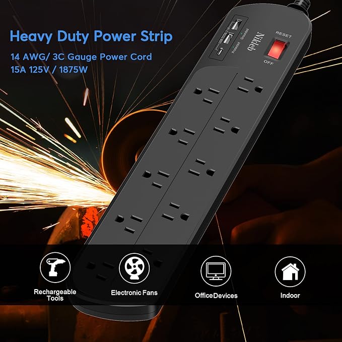 Extension Cord with Multiple Outlets, Surge Protector Power Strip with USB, 6ft Power Cord, 10 Wide Outlets, 2 USB+1 USB C Fast Charging Ports, Wall Mount, Heavy Duty, Home, Office Accessories-DeskLoop Office