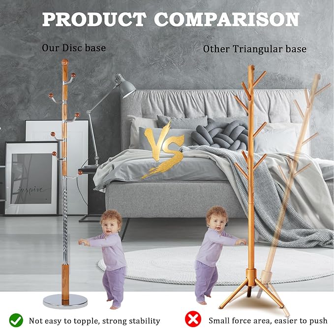 Coat Racks FreeStanding with 14 Hooks, Natural Wood Coat Rack with Solid Round Base, Adjustable Height Coat Racks, Easy Assembly for Hallway, Bedroom and Office (Solid Wood Metal Hook)-DeskLoop Office