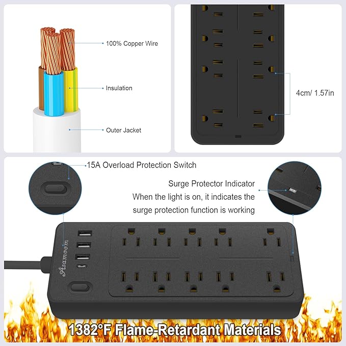 20 FT Power Strips with Surge Protection 1625W/13A, 10 Outlets with 4 USB Ports (1 USB C) Long Extension Cord with Multiple Outlets 14-in-1 1700J 16Awg Flat Plug Power Strip Protector Black ETL Listed-DeskLoop Office