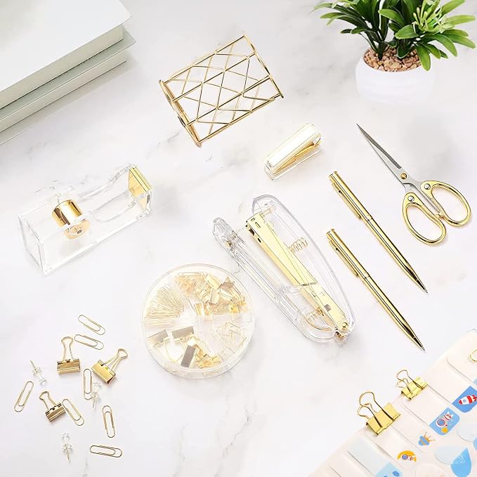 Famassi Gold Desk Accessories，Office Supplies Set Acrylic Stapler Set Staple - Image 7