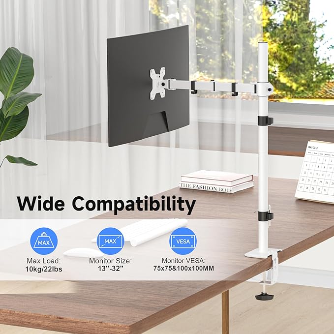 Suptek Single Monitor Arm Desk Mount Fully Adjustable Monitor Stand for 1 / One Screen up to 32 inch Extra Tall 31.5 inch Pole,White (MD6821W)-DeskLoop Office