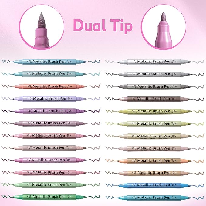 24 Pack Metallic Markers, Dual Tip Glitter Pens for Black Paper & Rock Painting Metallic Acrylic Paint Markers for DIY Crafts, Scrapbooking, Glass, Wood, Cards Alcohol Based Quick Dry Ink-DeskLoop Office