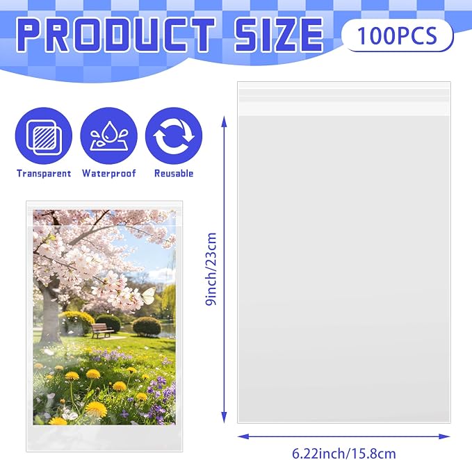 VOKOY 100 Pack Cellophane Bags Self Sealing, Resealable Clear Plastic Sleeves - Image 2