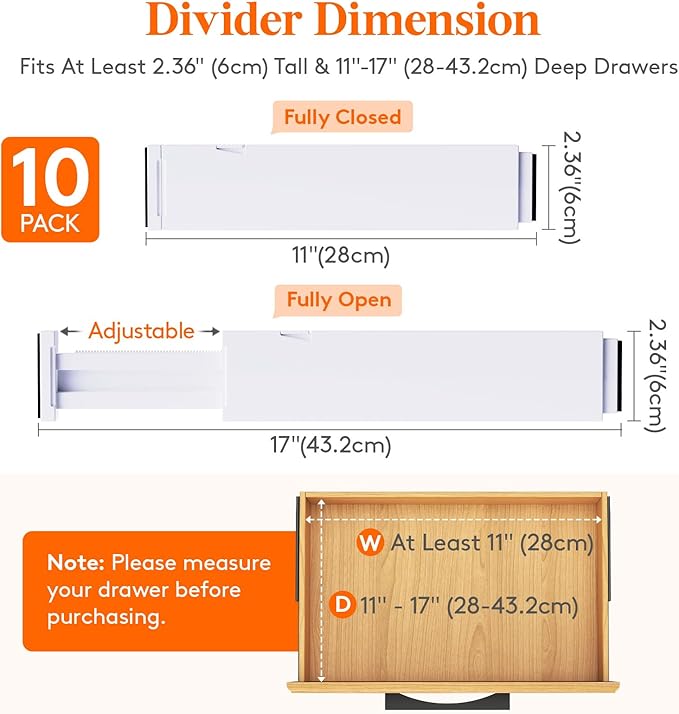 Lifewit 10 Pack Kitchen Drawer Dividers 2.36" High, 11"-17" Adjustable Drawer Organizer for Utensils/Clothes/Makeup, Plastic Expandable Separators in Dresser/Bedroom/Bathroom/Office Storage-DeskLoop Office