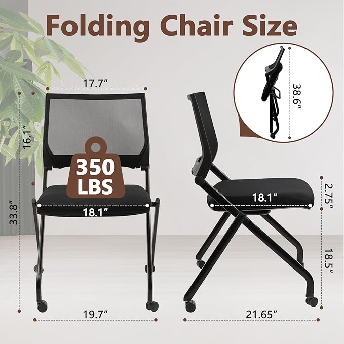 CLATINA Stackable & Foldable Conference Room Chairs, Waiting Room Chairs with Wheels & Lumbar Support, Ergonomic Mesh Bouncing Back Folding Chair for Office Meeting Schools Training Room, Black(4pk)-DeskLoop Office