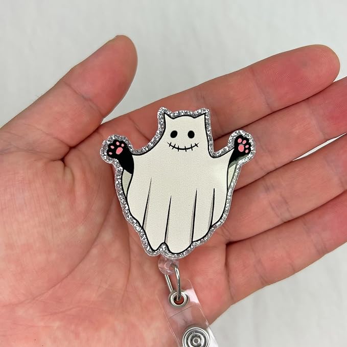 Funny Ghost Cat Halloween Badge Reel Retractable - Image 3