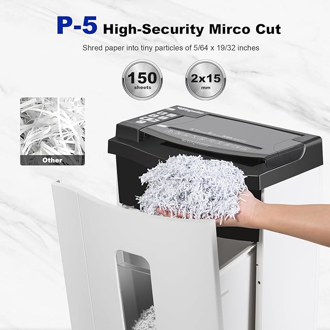 150 Sheet Auto-Feed Paper Shredder, Micro Cut P-5 Super High Security (5/64 x 19/32 inches), Large 6-Gallon Bin, 20 Mins Continuous Run, 55dB Ultra-Quiet for Home Office Use, White-DeskLoop Office