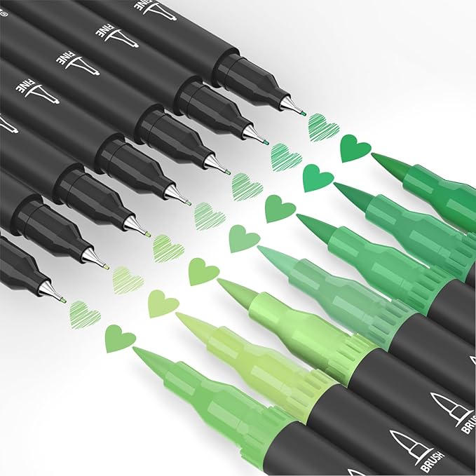 Mogyann Green Markers, 12 Pack Dual Brush Pens Drawing Markers for Art Sketching-DeskLoop Office