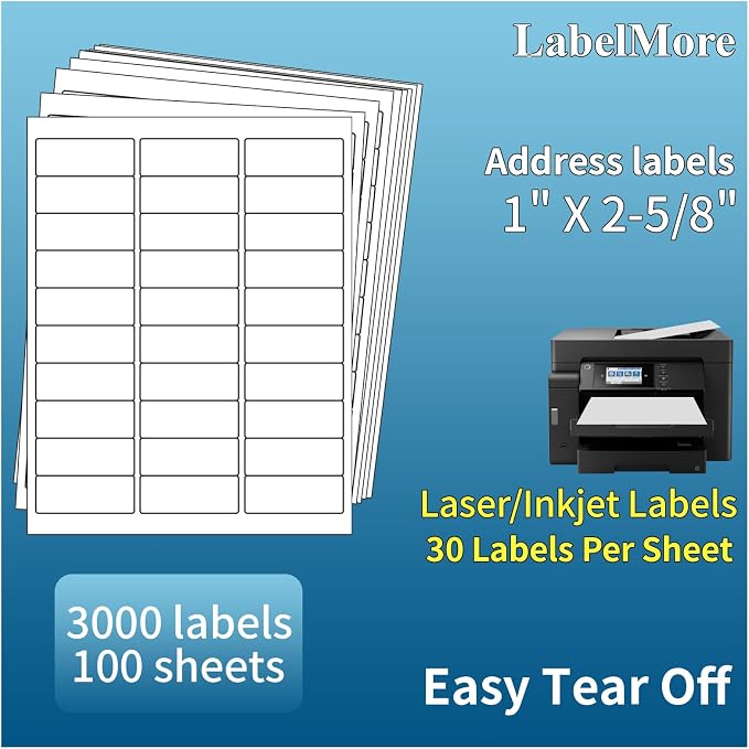 1" X 2-5/8" Address Labels 30 Per Sheet Sticker Paper by LabelMore