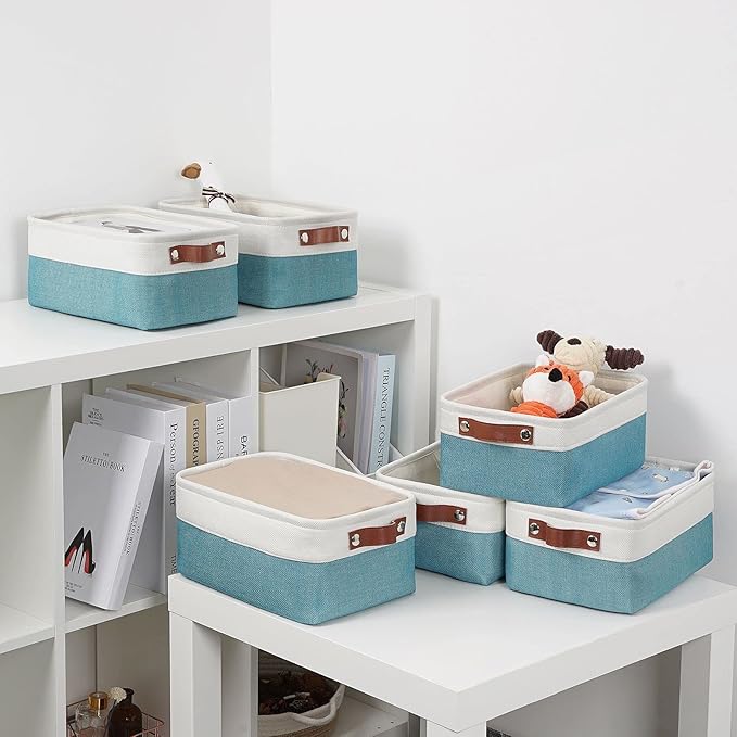 DULLEMELO Storage Baskets Bins for Organizing, Small Fabric Baskets for Shelves, Closets, Nursery, Home, Office, Empty Gift Baskets (6-Pack, White&Teal)-DeskLoop Office