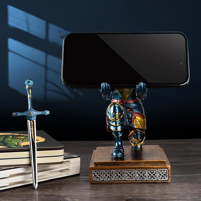MACLARONX Kneeling Knight Pen Holder with Sword Medieval Warrior Fancy Pencil Stand for Office Desk Home Decor for Men Father Husband Armor Soldier Statue-DeskLoop Office