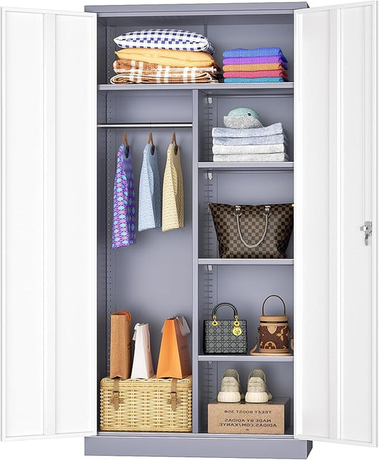 INTERGREAT Metal Storage Cabinet,72 Tall Armoire Wardrobe Closet with Doors,Grey White Storage Locker Cabinets with Adjustable Shelves and Removable Hanging Rods-DeskLoop Office