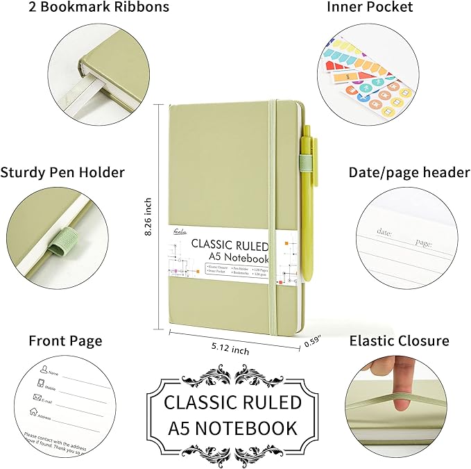 feela 5 Pack Notebooks Journals Bulk, Hardcover Classic Ruled Lined Journals with Pen Holder for Women Girls School Business Supplies, with 5 Black Pens, 120 GSM, 5.1”x8.3”, A5, Avocado Green-DeskLoop Office