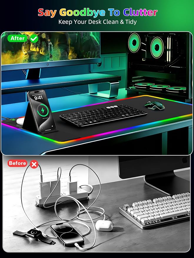 Mouse Pad with Wireless Charger Foldable Phone Holder, XXL RGB Gaming Mousepad - Image 6
