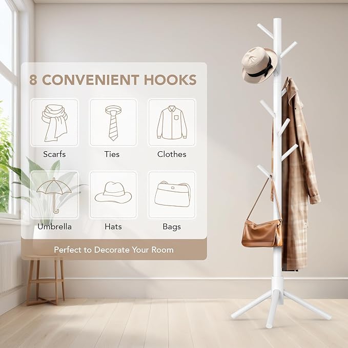Wooden Tree Coat Rack Stand,Sturdy Freestanding Coat Rack with 8 Hooks,3 Adjustable Height for Child Adult,Wood Coat Stand Tree Fits Entryway Bedroom Office for Bags,Hats-DeskLoop Office
