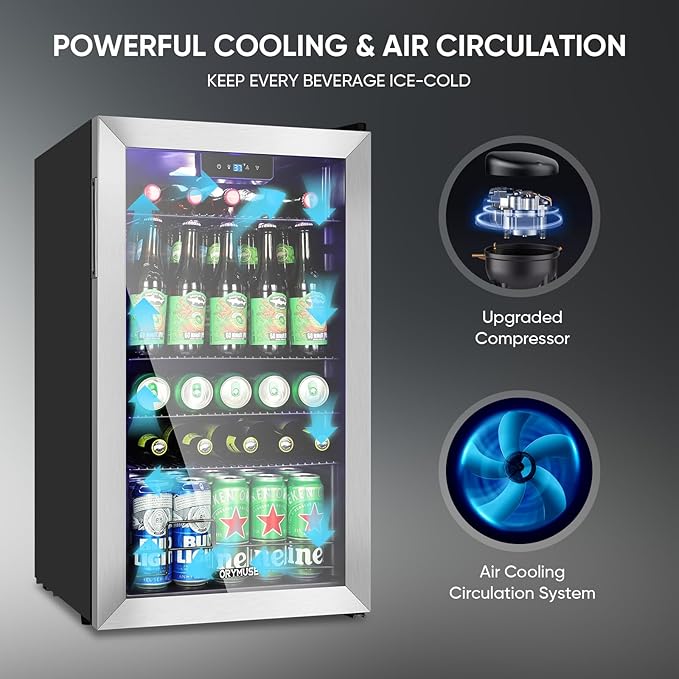 120 Can Beverage Refrigerator – Mini Fridge with Glass Door for Soda Beer or Wine, Beverage Cooler for Bedroom, Office, Bar with Adjustable Shelves & Digital Temperature Display, Silver-DeskLoop Office