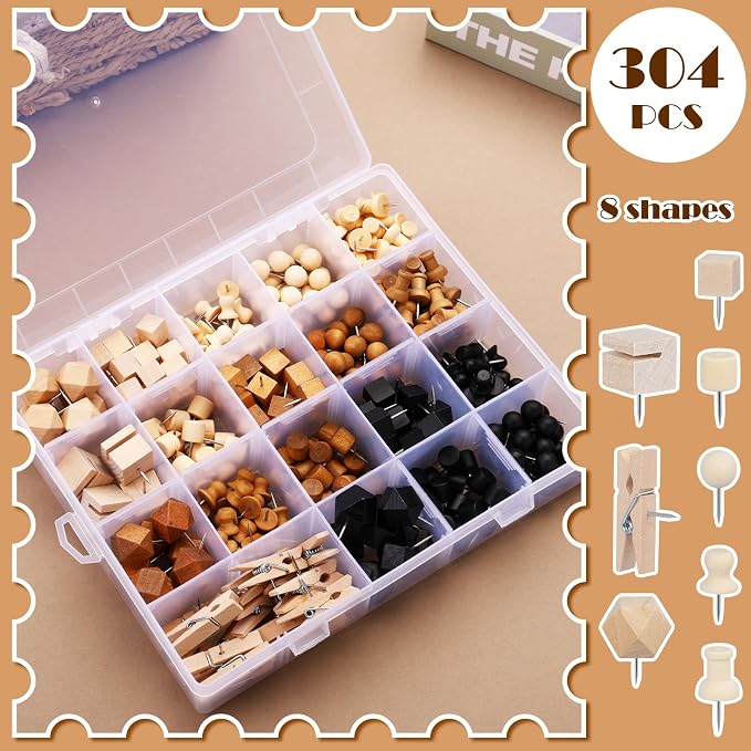 305 Pcs Thumb Tacks, Push Pins for Cork Board, Wooden Push Pins, Wooden Thumb - Image 3