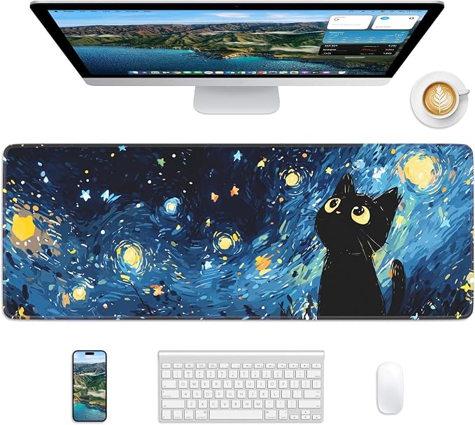 Starry Night Cat Mouse Pad, 31.5 x 11.8 Large Desk Mat by Unknown