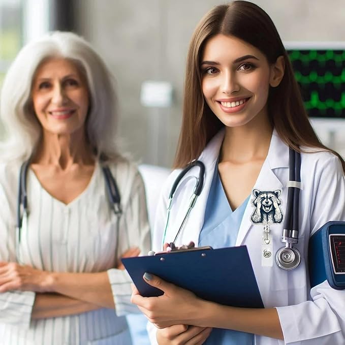 Cute Raccoon Retractable Reel Badge ID Card Clip Acrylic Badge Holder with 360°Rotation Rotundity Metal Alligator Clip Designs Nursing Name Tag for Nurse Doctor Office Worker Accessories-DeskLoop Office