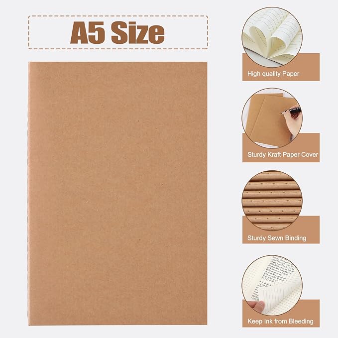 EOOUT 48 Pack A5 Lined Kraft Notebooks, Travel Journals Bulk 8.3x5.5in College - Image 3