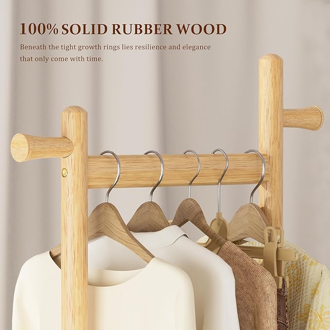 Coat Rack Freestanding Clothing Rack with Wheels & 2 Shelves Storage & 5 Hooks Heavy Duty Clothes Rack Wood Coat Tree Stand Hat Hanger Rack for Corner Bedroom Entryway Living Room Hotel-DeskLoop Office