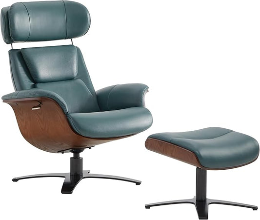 CHITA Genuine Leather Reclining Swivel Chair with Adjustable Headrest and Ottoman for Living Room, Teal-DeskLoop Office