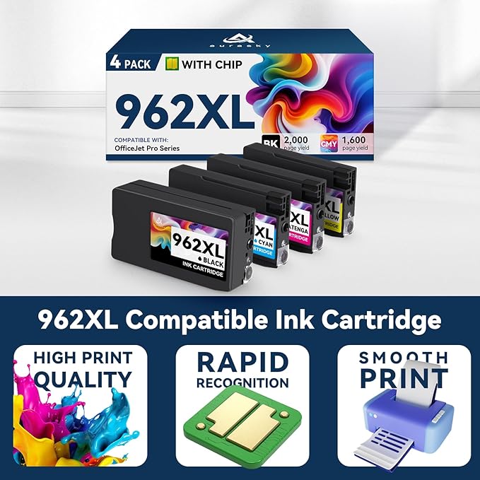 962xl Ink cartridges Compatible for HP 962 XL HP962XL Ink Combo Pack Work with HP Office Jet Pro 9010 9010e 9015e 9018e 9020 9020e 9025 9025e Series (4 Pack kcmy)-DeskLoop Office