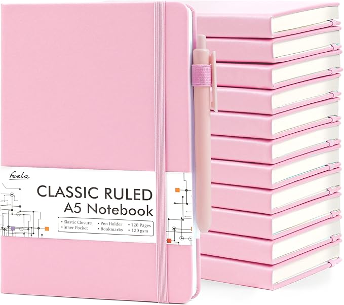 feela 12 Pack Notebooks Journals Bulk, Hardcover Notebook Classic Ruled Lined Journals with Pen Holder for Women Girls School Business Supplies, with 12 Black Pens, 120 GSM, 5.1”x8.3”, A5, Rose Pink-DeskLoop Office