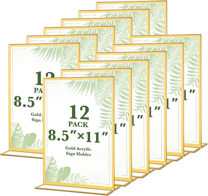 12 Pack Gold Acrylic Sign Holders 8.5x11 Inch, Double Sided Clear Acrylic Frames by ALFFUN