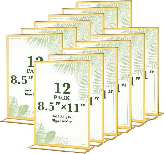 12 Pack Gold Acrylic Sign Holders 8.5x11 Inch, Double Sided Clear Acrylic Frames by ALFFUN