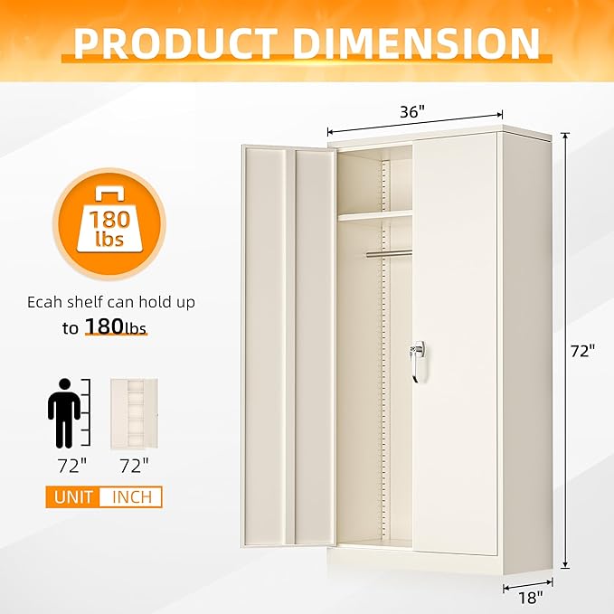 INTERGREAT Metal Storage Cabinet with Lock,72 Tall Armoire Wardrobe Closet with Doors,Cream Grey Storage Closet Cabinet with Adjustable Shelves and Removable Hanging Rods-DeskLoop Office