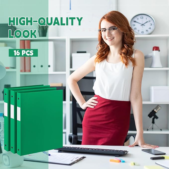 Henoyso 16 Pcs 3 Ring Binder 1/2'' Round Fits Letter Size 8. 5'' x 11'' Paper Plastic Flexible Binder Holds 100 Sheets with 1 Pockets Versatile Organizer for Office Home School (Green)-DeskLoop Office